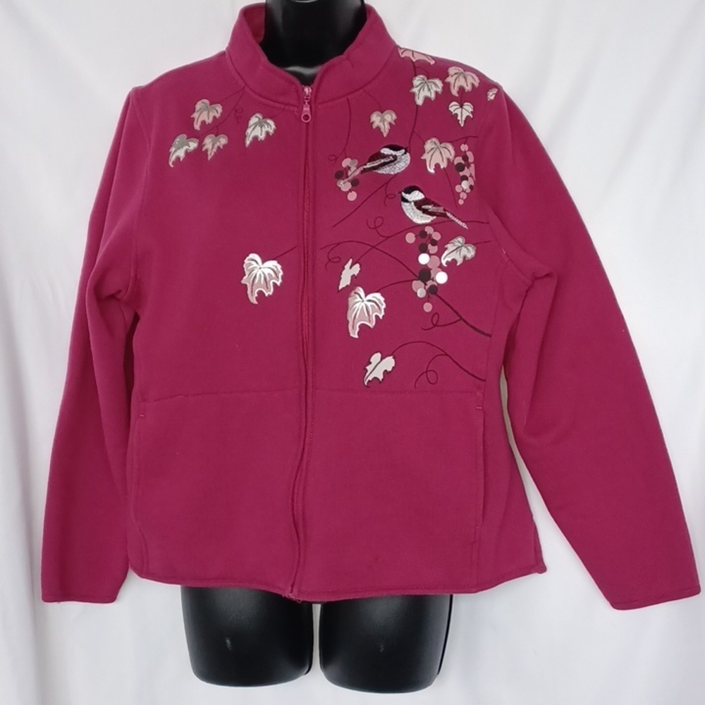 Vintage Artisan Jacket Magenta Pink, Embroidered, Birds, Painted Sz M 19" PTP